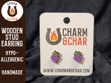 Grapes Wood Stud Earrings - Food Fashion Earring - Stud Earring - Charm and Char